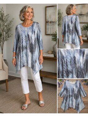 Jess & Jane 1X Gray Abstract Tunic Top Asymmetrical Hem Made USA 3/4 Sleeve Plus